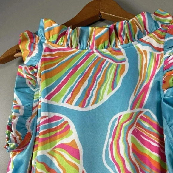 Gretchen Scott Shell Shock Ruffle Neck Dress Preppy Resortwear Tropical Size S - Picture 11 of 15
